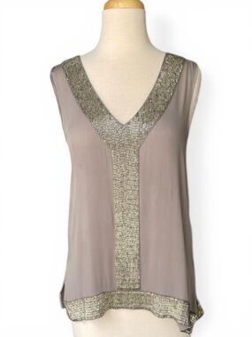Alice + Olivia Silk Y2K Beaded Grey Silver Blouse Top Sz S